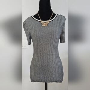 St John Knit Navy & White Ribbed Short Sleeve Top Petite No Size Tag